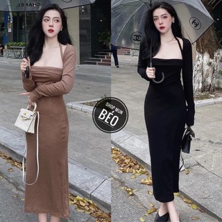 Đầm Body Cổ Vuông Dây Cổ Tay Dài Chất Thun Cực Xinh