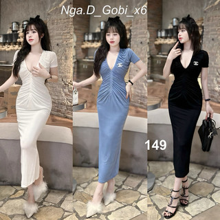 Váy body nhún xẻ ngực dúm kèm tag