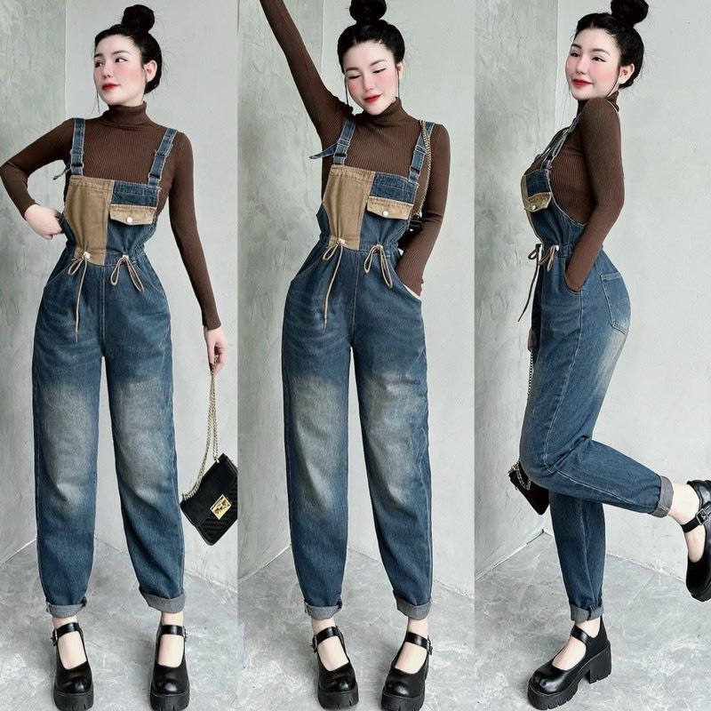 Yếm quần dài jean phối nâu có dây rút eo - ALH08