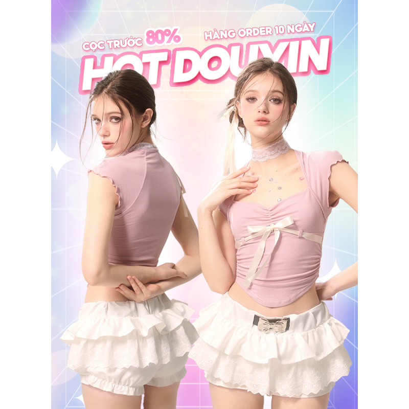 Set 𝗦𝗵𝗮𝗼𝗬𝗲𝗬𝗮𝗻 Áo Cổ Vuông Hồng + Chân Váy Xếp Ly Trắng HOT DOUYIN