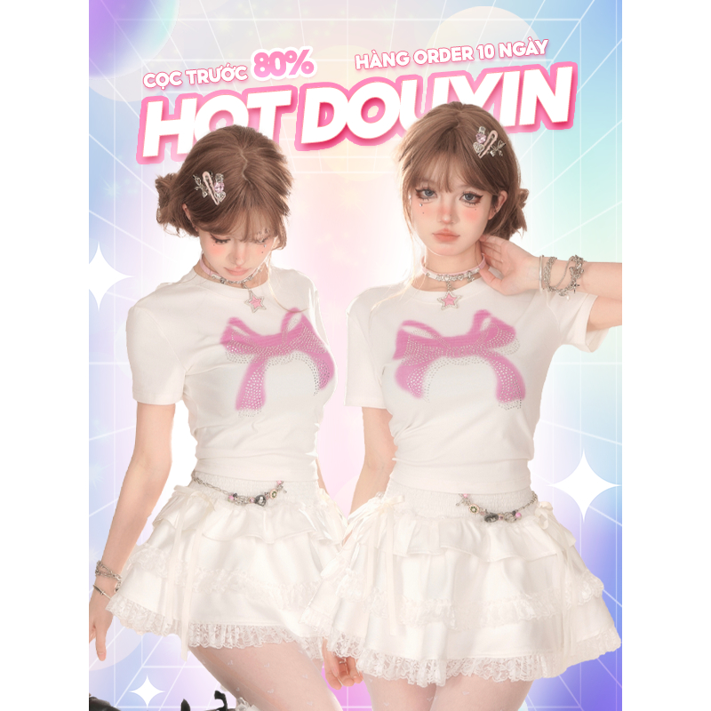 Set 𝗦𝗵𝗮𝗼𝗬𝗲𝗬𝗮𝗻 Áo Thun Phối Nơ + Chân Váy Xếp Ly Trắng HOT DOUYIN
