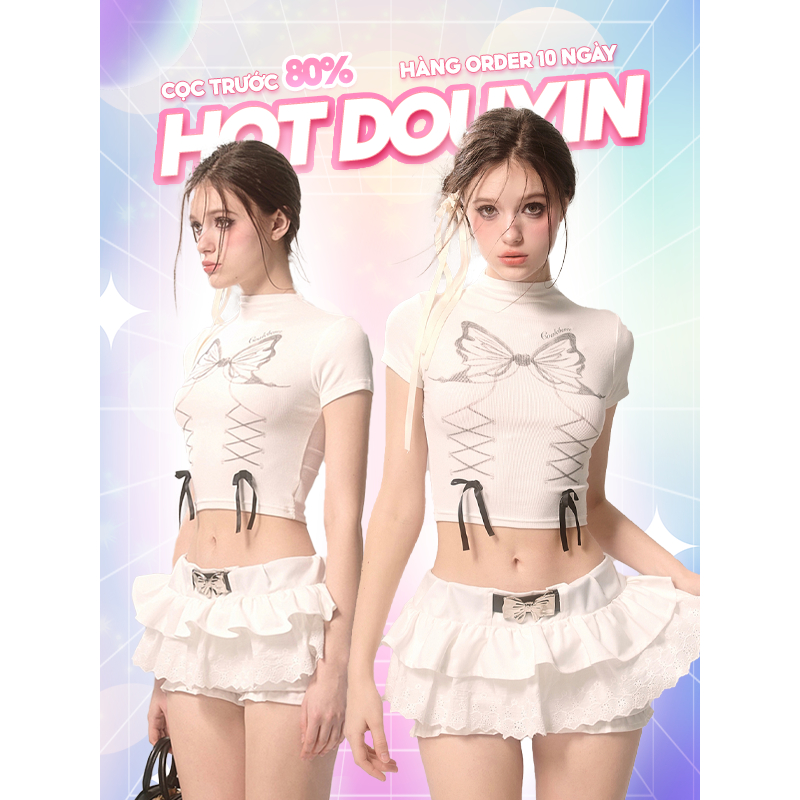 Set 𝗦𝗵𝗮𝗼𝗬𝗲𝗬𝗮𝗻 Áo Thun Phối Nơ + Chân Váy Xếp Ly Trắng HOT DOUYIN
