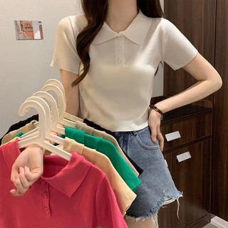 Áo montoghi cổ đức trơn cộc tay 3 khuy croptop