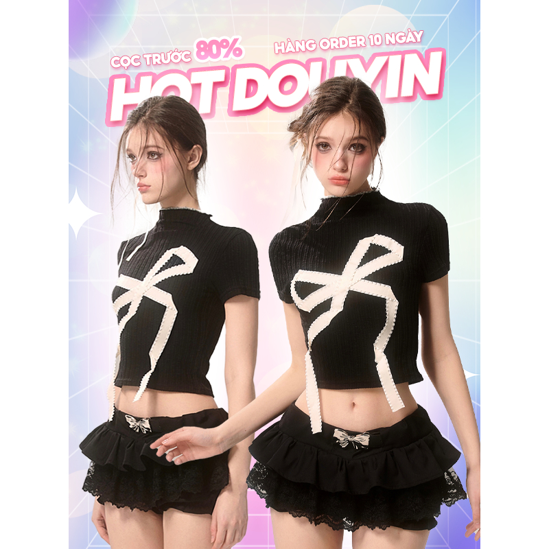 Set 𝗦𝗵𝗮𝗼𝗬𝗲𝗬𝗮𝗻   Áo Len Phối Nơ + Chân Váy Xếp Ly Đen HOT DOUYIN