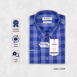 Áo Sơ Mi Dài Tay Vĩnh Tiến Slim Fit Vạt Bầu Sọc Caro Bamboo 465 - G554
