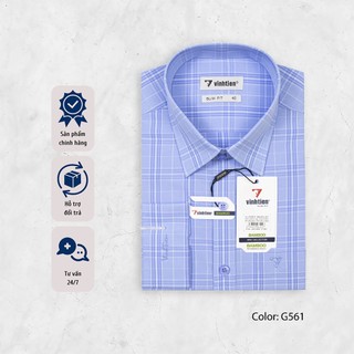 Áo Sơ Mi Dài Tay Vĩnh Tiến Slim Fit Vạt Bầu Sọc Caro Bamboo 465 - G561