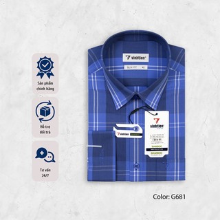 Áo Sơ Mi Dài Tay Vĩnh Tiến Slim Fit Vạt Bầu Sọc Caro Bamboo 465 - G681