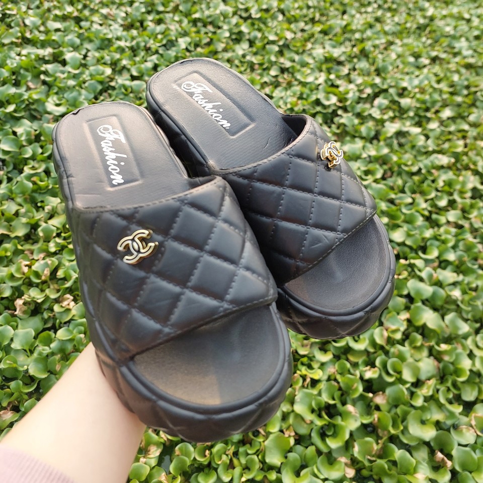 Dép bánh mì nữ Lainiki quai ngang Chỉ Trần đính đá , dép quai ngang nữ đế độn 6,5cm B1