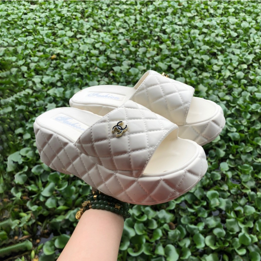 Dép bánh mì nữ Lainiki quai ngang Chỉ Trần đính đá , dép quai ngang nữ đế độn 6,5cm B1