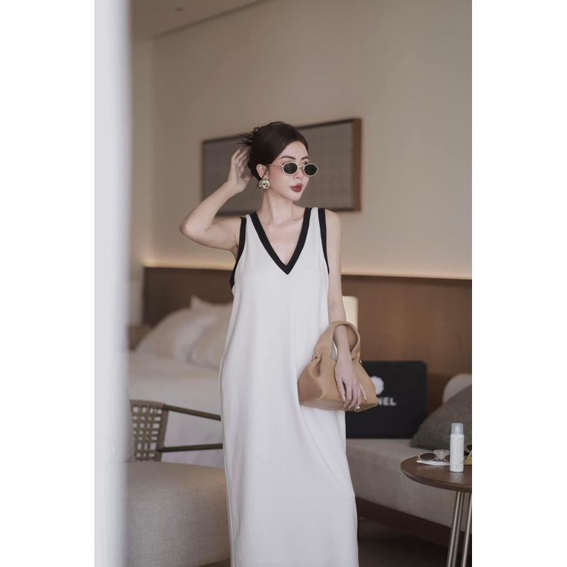 váy cổ V dáng suông dài phối viền su tkcc 𝐜𝐡𝐮𝐚̂̉𝐧 𝐀𝐒𝐇𝐘𝐋𝐄𝐘