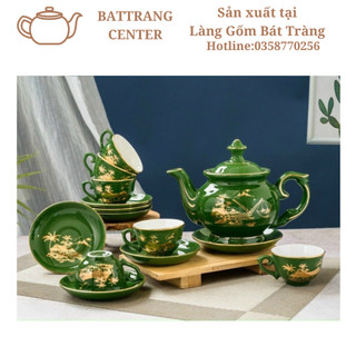 ( 6 MẪU)Bộ Ấm Chén Pha Trà Bát Tràng -Dáng Phú Quý,men Rêu,vẽ Vàng:Làng Quê Việt Nam