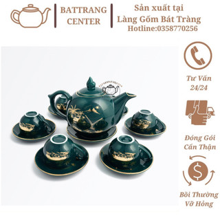(6 MẪU)Bộ Ấm Chén Pha Trà Bát Tràng -Dáng Chóp,men xanh Cửu Long,vẽ Vàng Làng Quê Việt Nam