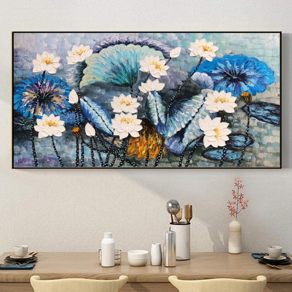 Tranh canvas treo tường hoa sen trắng xanh in giả sơn dầu - 100 x 50 cm