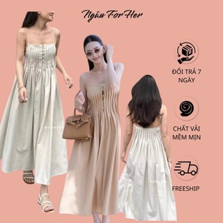 Libe maxi- váy maxi hai dây linen cài nút, đầm linen xếp ly ngực thiết kế