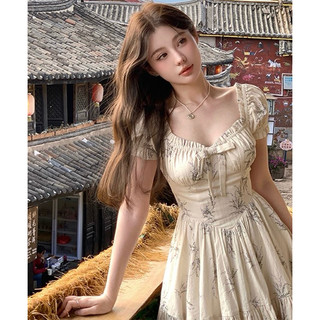 Váy hoa nhí cổ vuông ngắn xoè basic kiểu Pháp, Đầm hoa nơ tiểu thư babydoll cúp ngực tay bồng chiết eo bánh bèo Order QC
