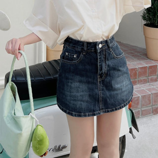 Chân váy jean bò dáng ngắn chữ A có lót trong cạp cao không co giãn giả váy CVN2