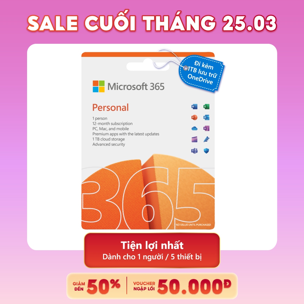 Phần mềm Microsoft 365 Personal | 12 tháng | Dùng 1 người| 5 thiết bị | Word, Excel, PowerPoint | 1TB OneDrive