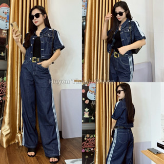 Set bộ jean bò kiểu dáng thể thao. Áo croptop cộc tay. Quần dài nữ 3 size S M L