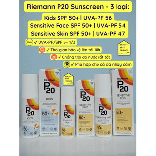 Sunscreen UVA-PF khủng Riemann P20 Sensitive Face SPF50+ | Sensitive Skin SPF50+ | Kids SPF50+ kem chống nắng bao bì mới