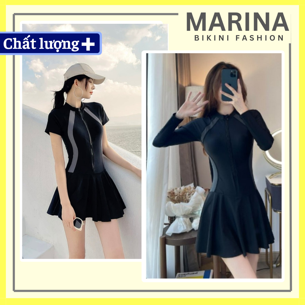 Bikini một mảnh đồ bơi nữ liền thân tắm biển phối xám ngắn khóa zip kéo váy bên trong có quần đùi kín đáo PALDORA060 | BigBuy360 - bigbuy360.vn