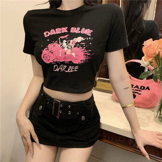 [Có sẵn] Áo Croptop Tay Cộc Ôm Dáng Ôm Body Dark Blue In Hình