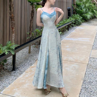Săn boom rẻ Đầm Hai Dây Dáng Dài Rộng In Họa Tiết Màu Xanh Dương Thiết Kế Thời Trang Mùa Hè Kiểu Mới Chất Lượng Cao