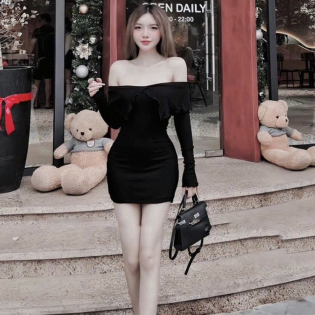 Đầm body trễ vai dáng ngắn HP FASHIONTREND váy kiểu nữ bẹt xẻ mặc tết màu đỏ tôn dáng sang chảnh G671