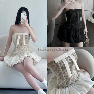 Đầm cúp ngực bí ren nơ kèm quần rời - Baobei boutique