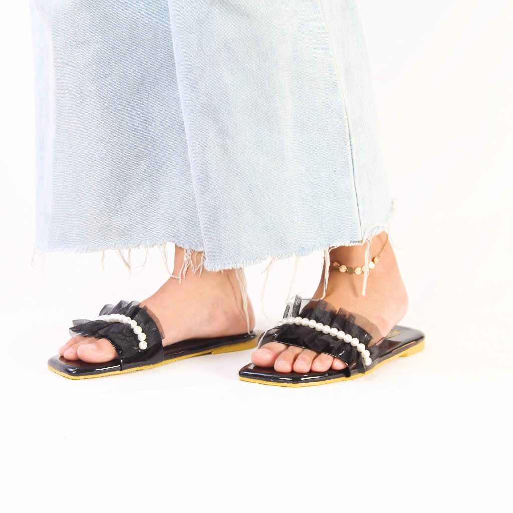 Dép nữ quai ngang bèo nhún đính ngọc thời trang Depvashock