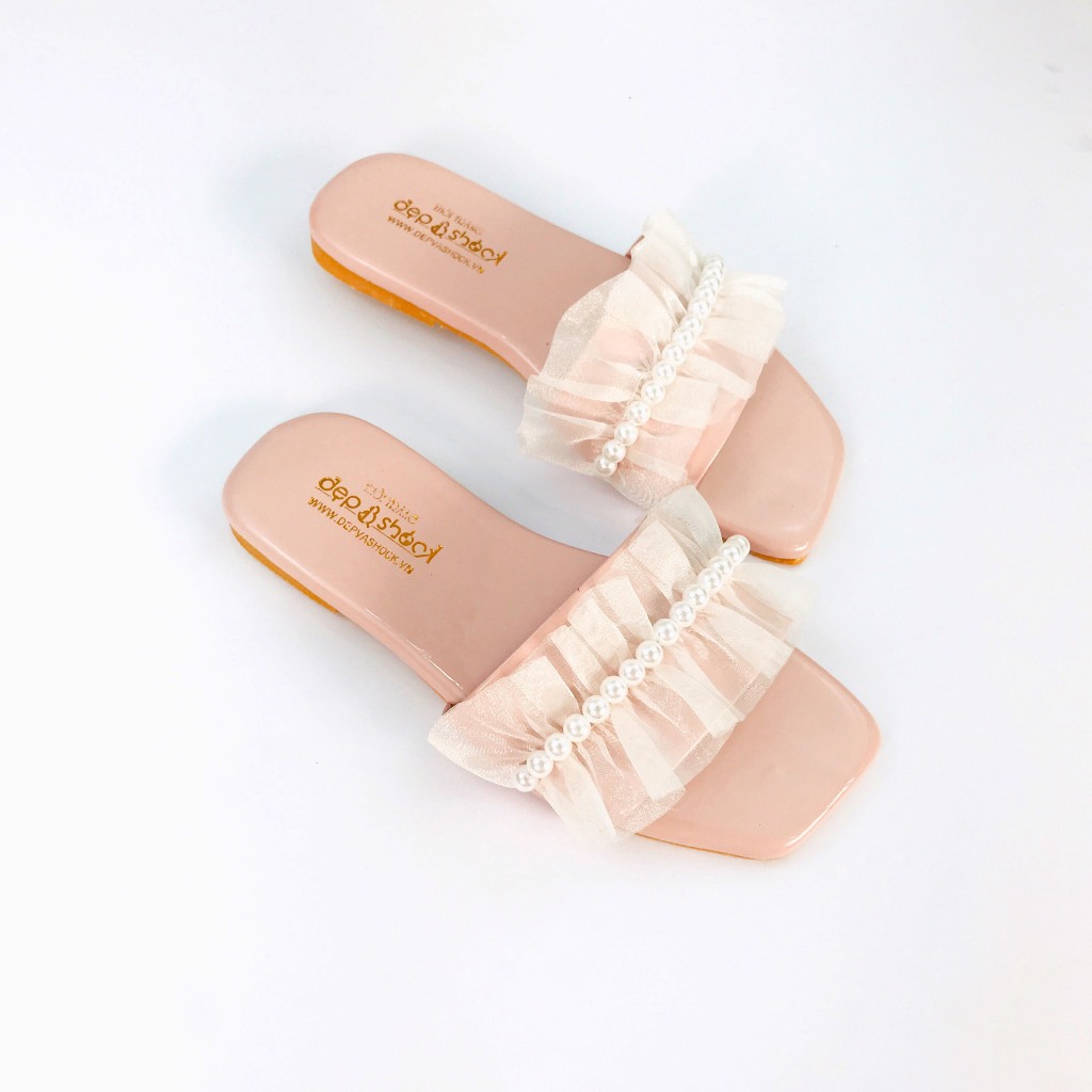 Dép nữ quai ngang bèo nhún đính ngọc thời trang Depvashock