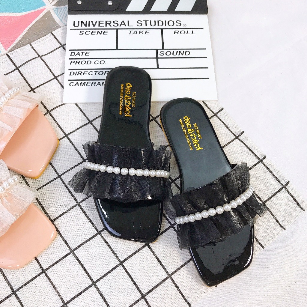 Dép nữ quai ngang bèo nhún đính ngọc thời trang Depvashock