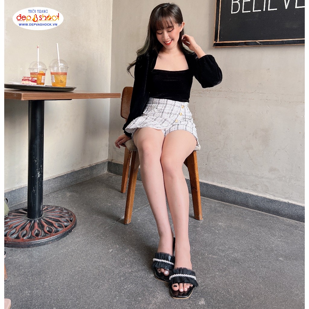 Dép nữ quai ngang bèo nhún đính ngọc thời trang Depvashock