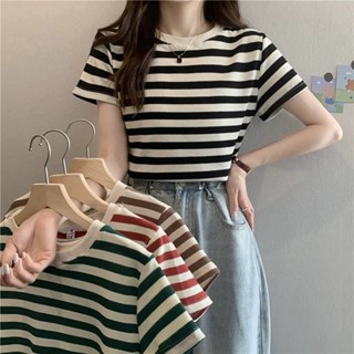 Áo thun dệt kim nữ kiểu kẻ ngang tay ngắn cổ tròn from rộng chất len mongtoghi đẹp phong cách ulzzang Hàn Quốc