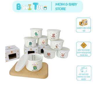 Hũ sứ ăn dặm cho bé có vạch chia ml kèm nắp đậy, Bát ăn dặm cho bé có vạch chia ml tiện lợi an toàn