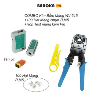 Combo (Kìm Bấm Mạng Xanh TOOL WJ-315 +100 Hạt Mạng Nhựa RJ45+Hộp Test mạng kèm Pin)