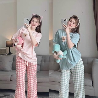 Set bộ áo ticci tay ngắn phối cùng quần xốp caro dài