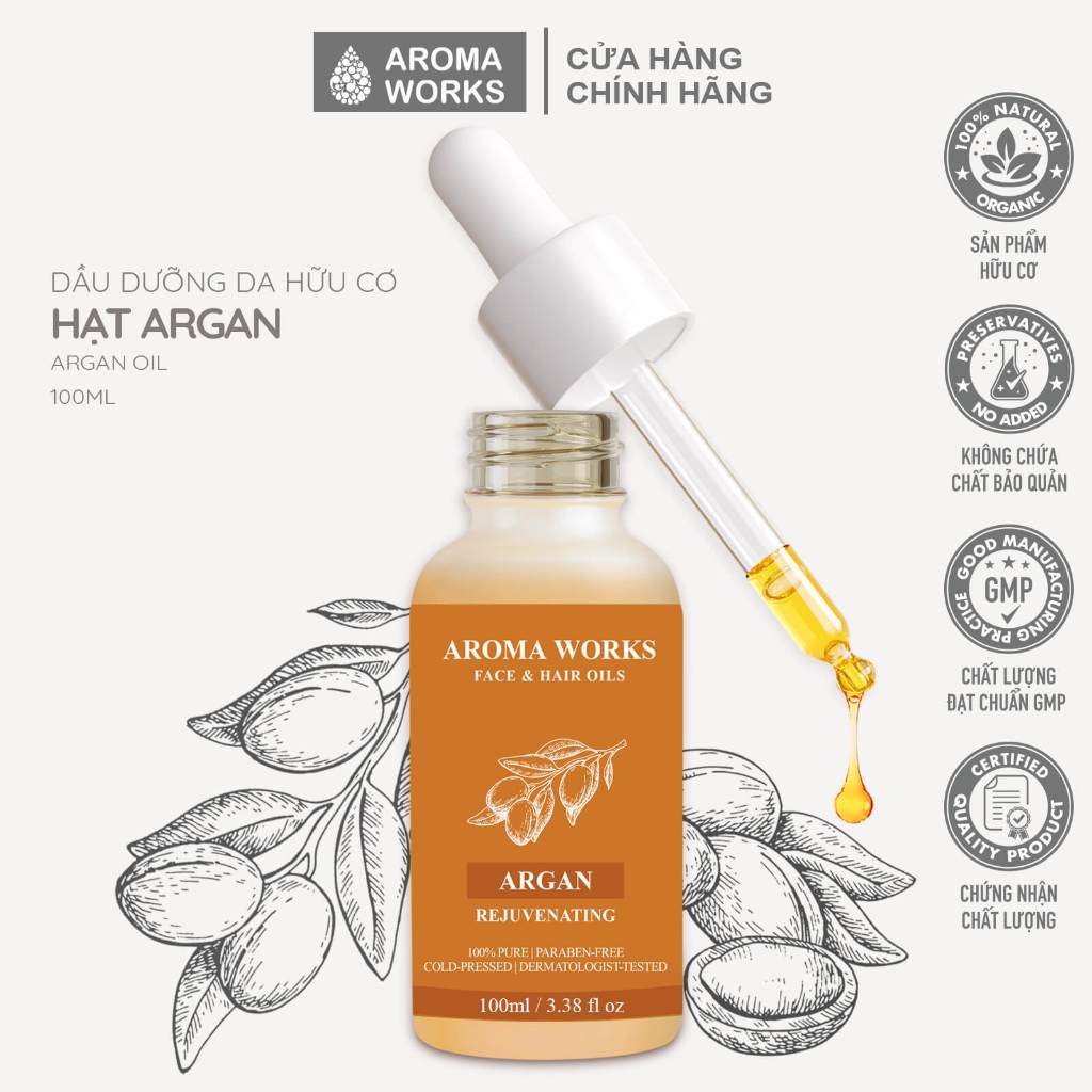 Dầu Argan Aroma Works Face & Hair Oil - Trẻ hóa da, chống lão hóa da