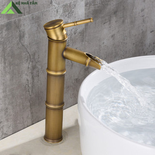 Vòi lavabo nóng lạnh thân trúc giả cổ cao 30cm bằng đồng cao cấp, sang trọng phong cách cổ xưa