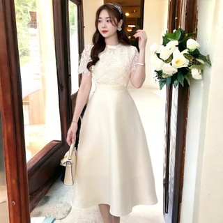 Váy đầm midi tafta màu kem tay ngắn phối ren đi tiệc đi chơi đi sự kiện gặp khách hàng