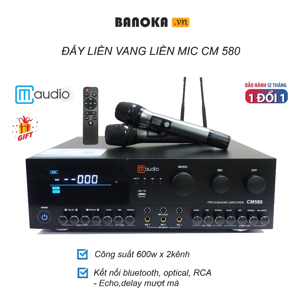 [Tặng dock sạc 4pin] Bộ Đẩy Liền Vang Liền Mic (3in1) Cao Cấp CM580, Công suất đẩy 600w x 2 kênh, Micro thu âm siêu nhẹ