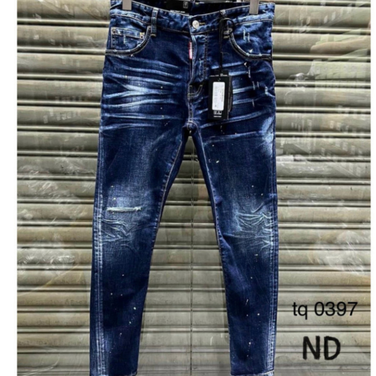 Quần DSQ2 Jean nam - Xanh Vẩy Sơn Rách Gối Nhỏ Bản 4 Cúc Quần Bò DSQUARED Vẩy Sơn Xanh Sáng Chất Co Giãn Phối Loang