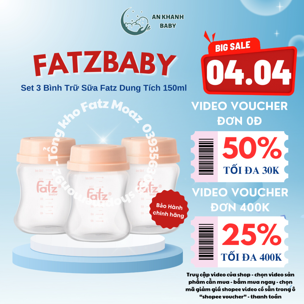 Bộ 3 bình trữ sữa 150ml cổ rộng Fatz Baby FB0120