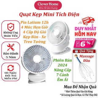 Quạt kẹp mini tích điện để bàn treo tường, quạt mini tích điện 12 giờ, 4 cấp gió, có hẹn giờ