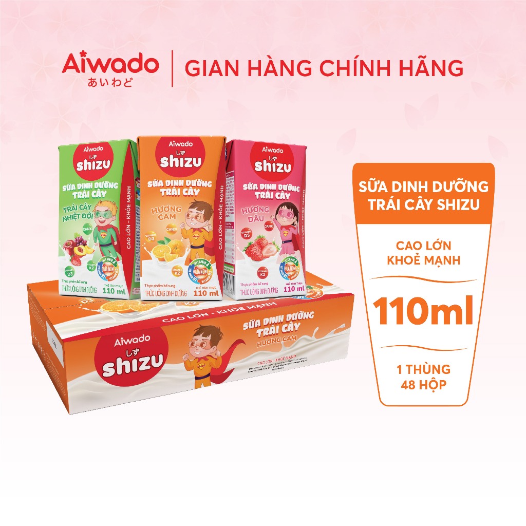 Sữa dinh dưỡng trái cây Aiwado Shizu Hương Cam thùng 48 hộp 110ml  - Hương vị thơm ngon, chuẩn tự nhiên