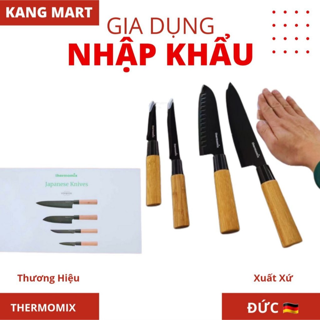 Bộ dao làm bếp 4 chiếc kiểu Nhật, chuôi tre tự nhiên Thermomix của Đức
