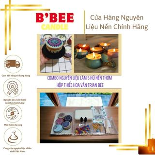 Combo 7: Nguyên liệu làm 5 hũ nến thơm B'Bee, hộp thiếc hoa văn khác nhau 60ml