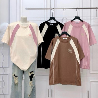 Áo thun tay lỡ cổ tròn phối viền nhiều màu thêu vương miện freesize form rộng phong cách trẻ trung, năng động