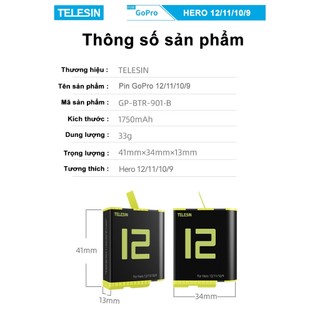 Combo sạc 3 + 2 pin TELESIN cho GOPRO HERO 9/10/11/12 - (CSG9-01)