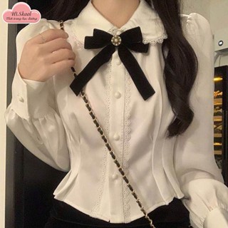 Áo Sơ Mi Học Sinh Dài Tay Cổ Nơ Dễ Thương/ Áo Tay Bồng Cổ Bèo Dáng Lửng Cài Cúc Xinh Xắn H0154