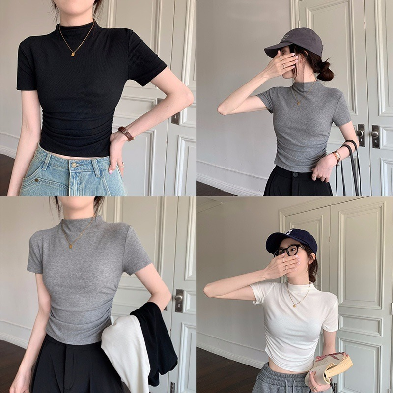 Áo Thun Nữ CỔ LỌ NHÚN EO Tay Ngắn DÁNG DÀI Ôm Body, Áo thun cổ lọ thun gân co dãn tốt chuẩn phong cách hàn quốc cá tính